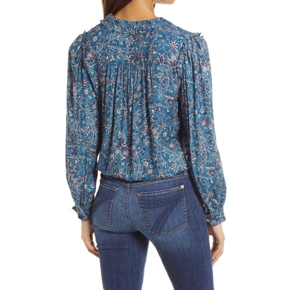 LUCKY BRAND Paisley Ruflle Collar Blouse XXL Blue NWT - Picture 2 of 7